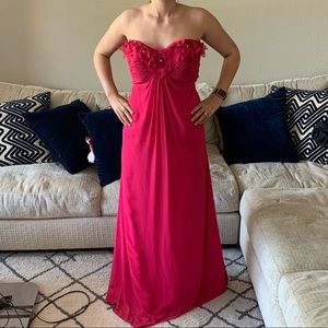 Pink strapless prom dress.